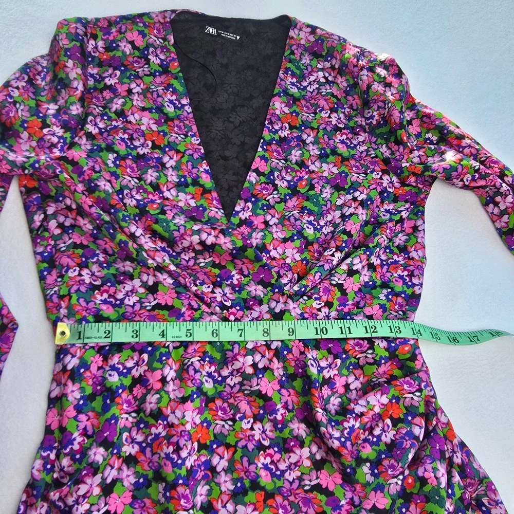 Zara Womens Purple Floral‎ Long Sleeve Wrap Mini Dress V-Neck Ruched Size Medium